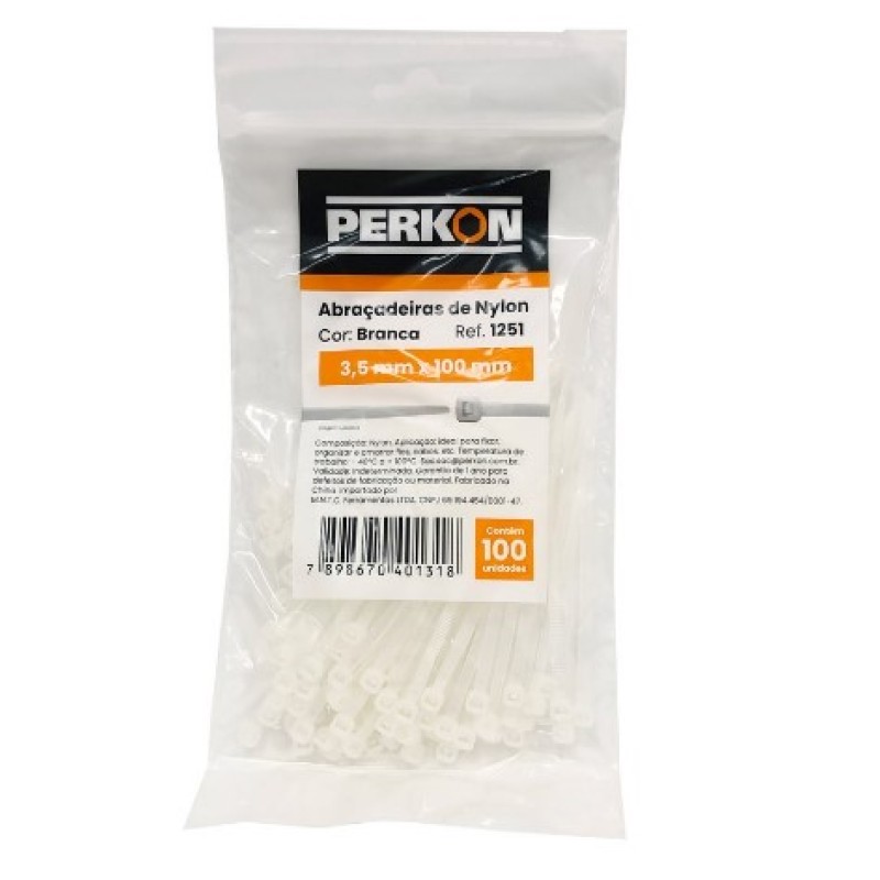 Abracadeira Nylon Perkon Branca 3,5X100 Cof.